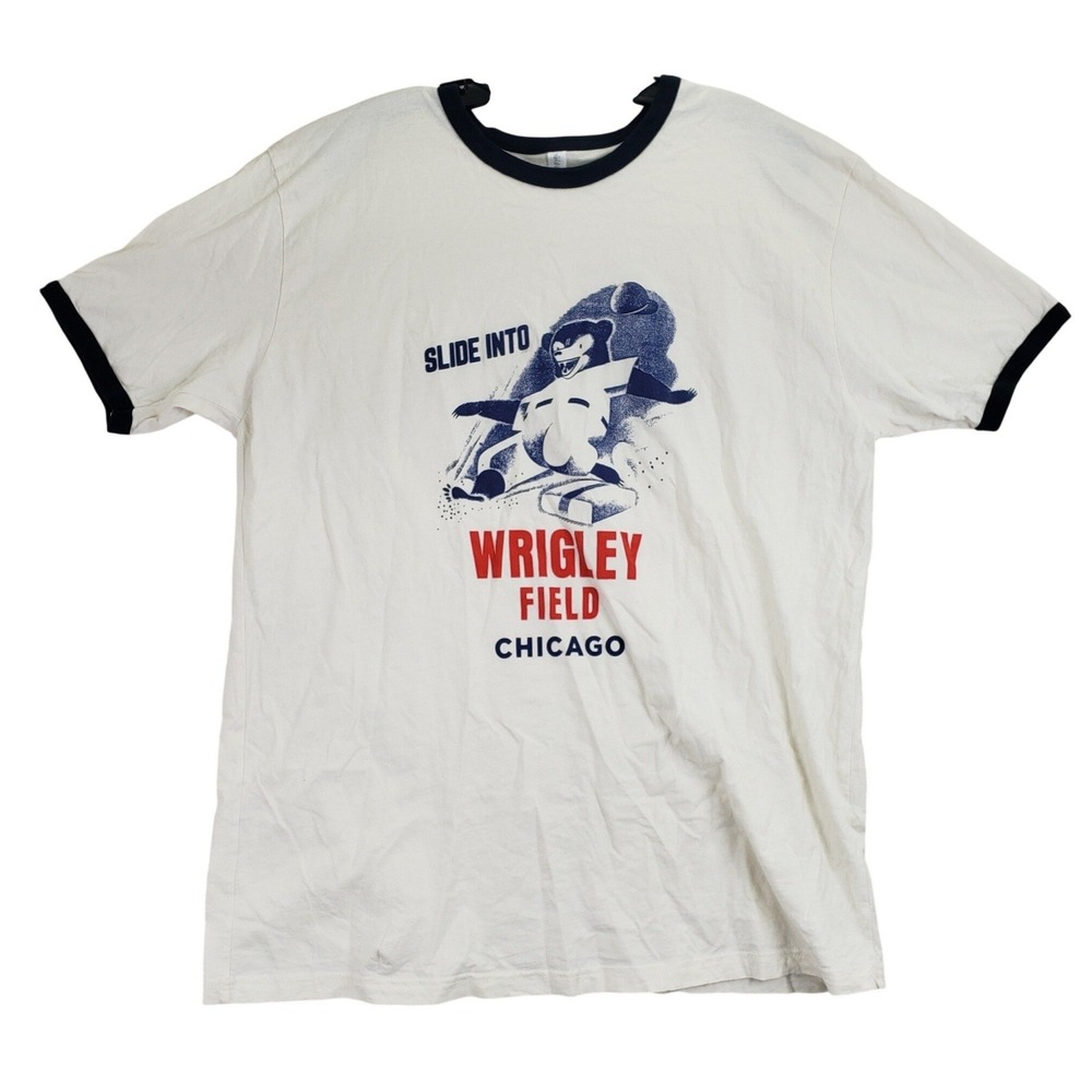 Wrigley Field Ringer Next Level T-Shirt Mens XL White Navy Graphic Baseball Tee